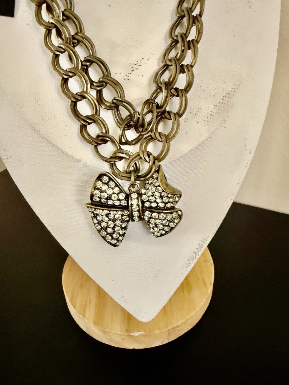 COOKIE LEE Rhinestone Encrusted Bow Pendant Double Strand Chunky Chain Necklace!